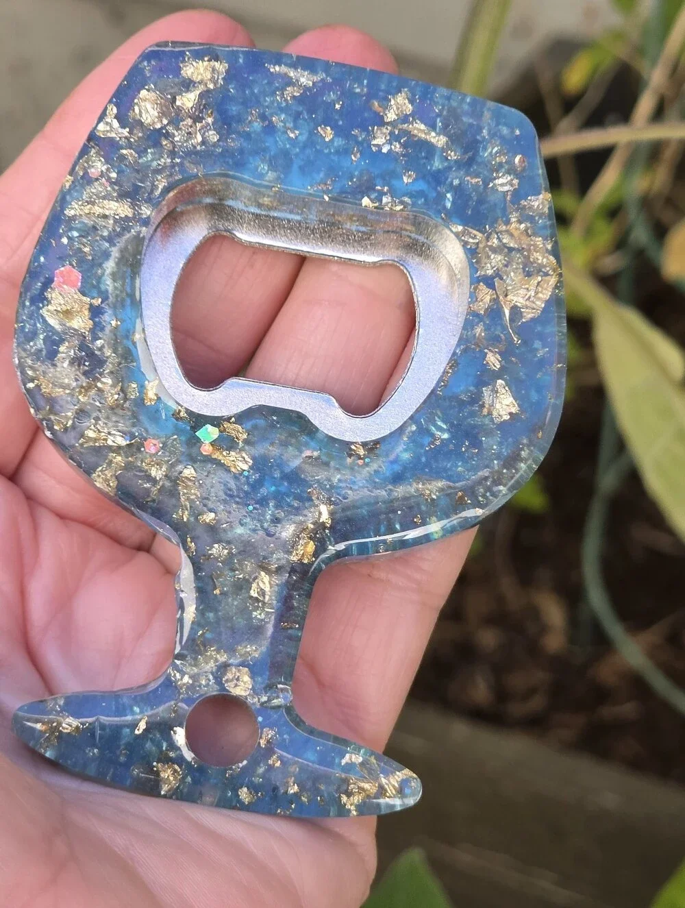 Handmade Resin Bottle Opener – Blue/Gold  Glitter Wine Glass